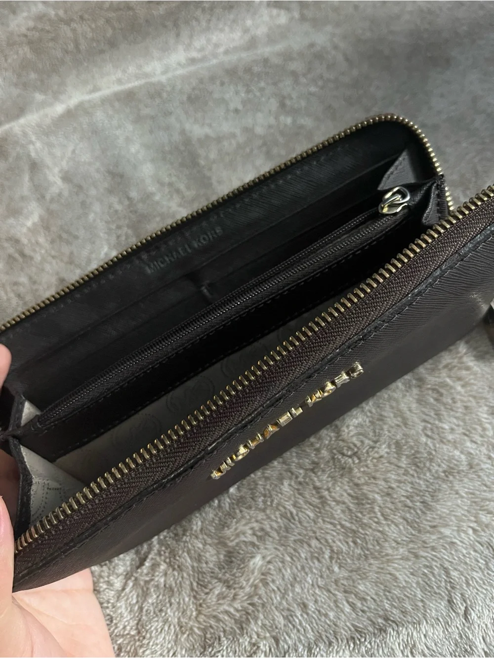 Michael Kors Brown Saffiano Zip Wallet with Gold-Tone Hardware